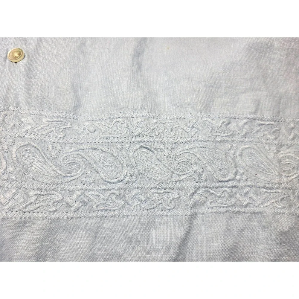 Banana Republic Mens Linen XL Light Blue Short Sleeve‎ Embroidered Hem Shirt